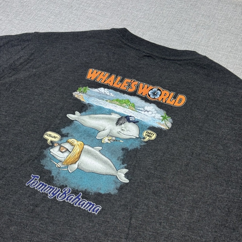 Tommy Bahama T-Shirt Mens XL Gray Whale's World Graphic Pocket Crew Neck